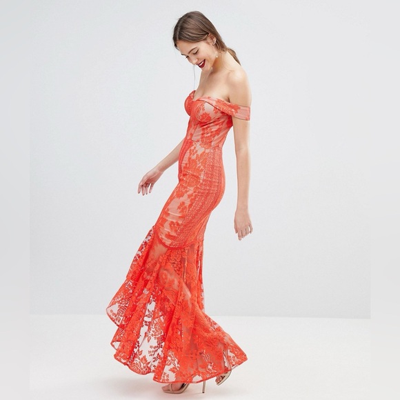 Asos Jarlo All Over Lace Off Shoulder Fishtail Maxi Dress - Picture 1 of 5